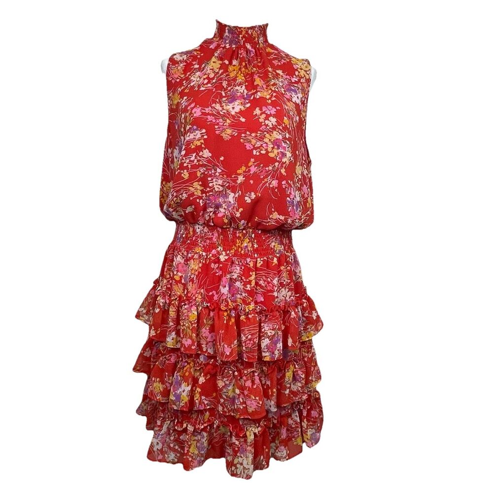 1. State Smocked Mock Neck Sleeveless Ruffle Mini Dress Red Floral-L